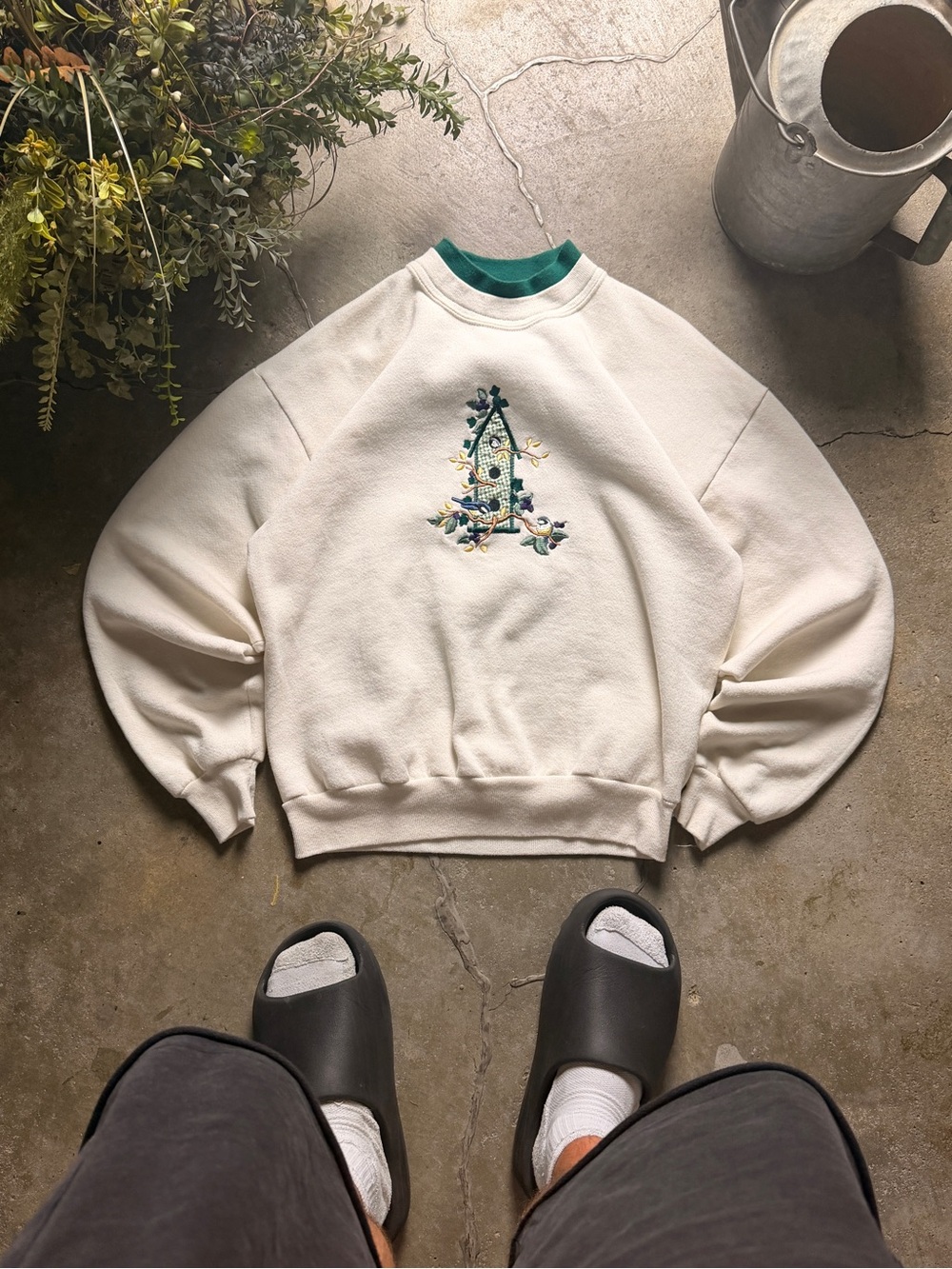 Crewneck Sweater in Cream with Green Trim and Embroidered 'A'